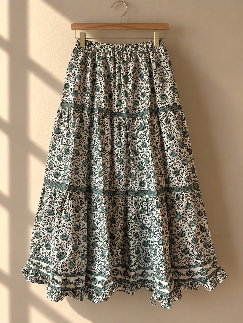 Max Studio White and Green Floral Tiered Maxi Skirt